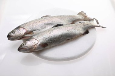 İki çiğ alabalık, beyaz arka planda izole edilmiş, üst manzaralı. Bir balık mağazası, ambalaj tasarımı, şablon için poz fotoğrafı.