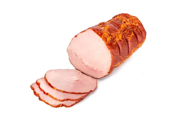 Smoked pork loin - in one piece and sliced, isolated on a white background. Homemade, Polish cold cuts, in netting. Traditional meat product, a packshot photo.