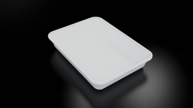 Boş, beyaz plastik yemek tepsisi, konteynır, siyah arka planda 3 boyutlu bir çizim. Paket tasarımı, şablon ve maket için fotoğraf. Görüntü 3B.