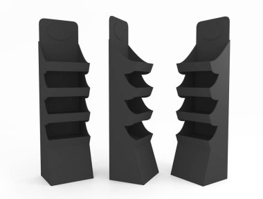 Siyah, boş reklam stantları, raflar, beyaz arka planda izole edilmiş. Paket tasarımı için poz fotoğrafı, mağazada ürün sunumu, illüstrasyon 3D, görüntüleme.