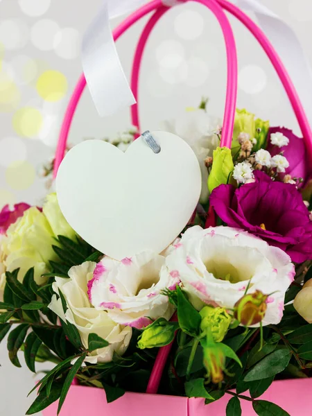 Beautiful White Eustoma Gypsophila Flowers Bouquet Pink Pastel Basket Light — Stock Photo, Image