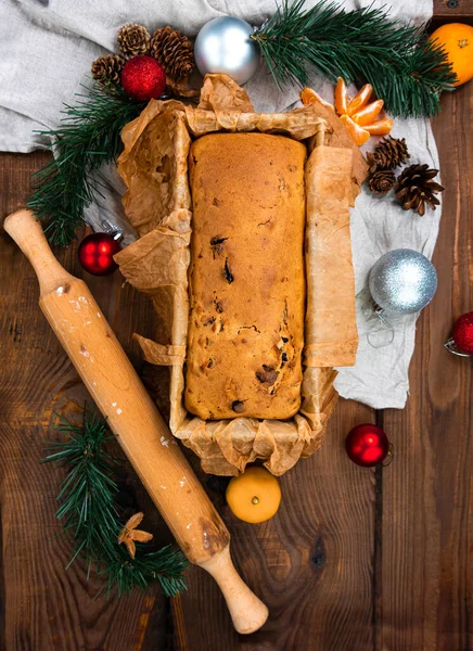 Christmas Cake Baking Rolling Pin Rustic Wooden Background Flat Lay — Stock Photo, Image