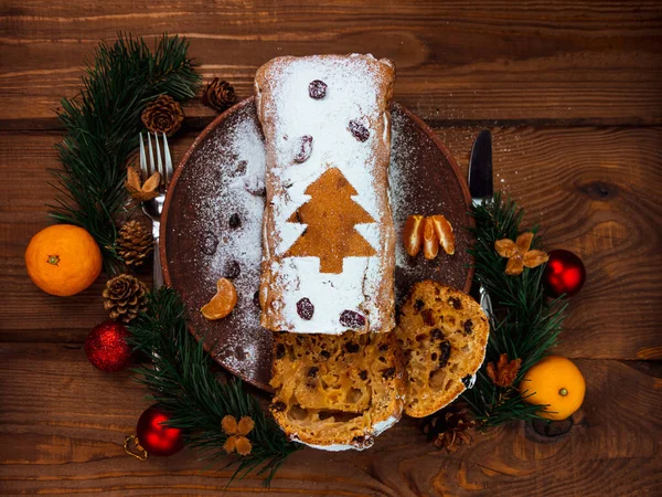 Christmas Fruitcake Powdered Sugar Tangerine Cranberry Fir Tree Festive Decoration — Stock Photo, Image