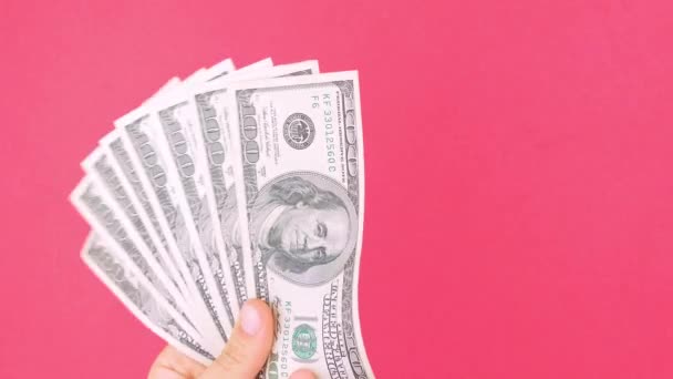 Mano Tiene Dollari Banconote Denaro Sfondo Colore Rosa Contando Contanti — Video Stock