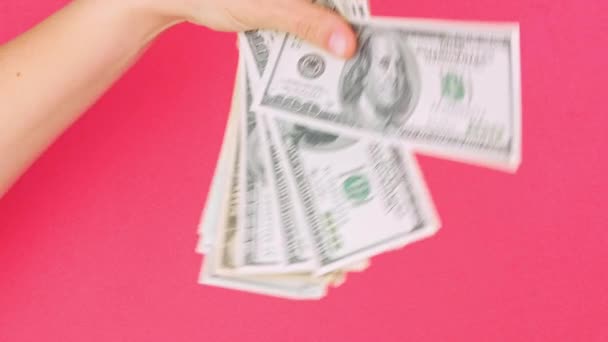 Рука Держит Доллары Сша Деньги Векселя Розовый Цвет Фона Подсчет — стоковое видео