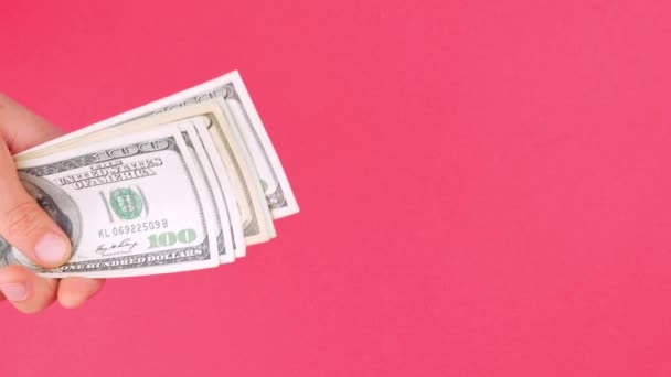 Hand Holds Dollars Money Bills Pink Color Background Counting Cash — Stock Video