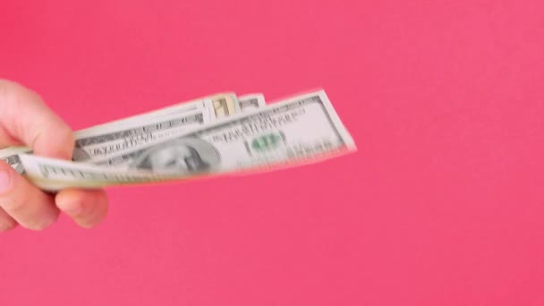 Mano Sostiene Billetes Dinero Dólares Estadounidenses Fondo Color Rosa Contando — Vídeo de stock