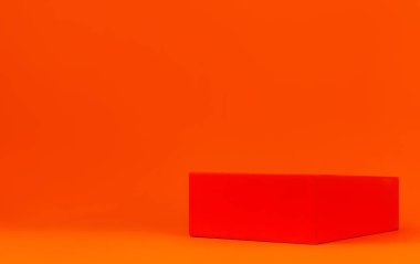 Minimum modern ürün geometrik podyumu turuncu arka plan monokrom üzerinde gösteriyor. Boş kaide raf mandalina rengini minimum şekilde gösterir. Kozmetik güzellik ürünlerini gösteren boş büfe