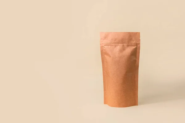 Pouch Bag Mockup Neutral Beige Background Monochrome Merchandise Packaging Blank — 스톡 사진