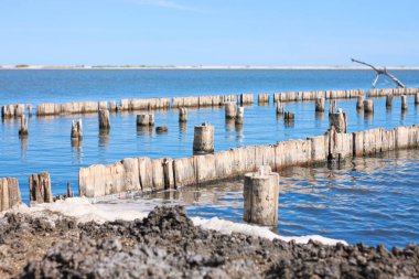 İyileştirici çamur dalgaları. Deniz kıyısındaki hastalar için spa tedavisi. Güzellik sağlığı ve vücut bakımı konsepti. Plajın yakınındaki tuzlu suda tedavi amaçlı kil kullanılmış..