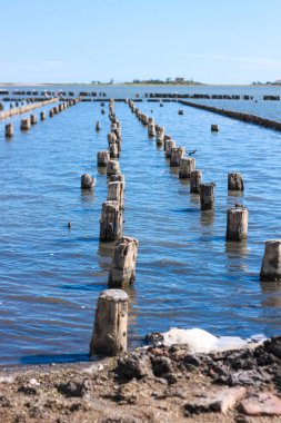 İyileştirici çamur dalgaları. Deniz kıyısındaki hastalar için spa tedavisi. Güzellik sağlığı ve vücut bakımı konsepti. Plajın yakınındaki tuzlu suda tedavi amaçlı kil kullanılmış..