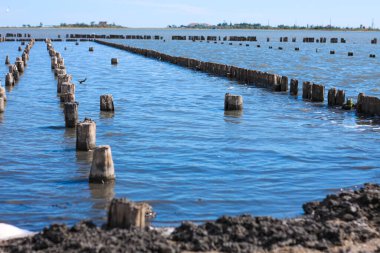 İyileştirici çamur dalgaları. Deniz kıyısındaki hastalar için spa tedavisi. Güzellik sağlığı ve vücut bakımı konsepti. Plajın yakınındaki tuzlu suda tedavi amaçlı kil kullanılmış..