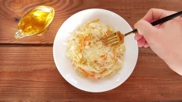 Eating Sauerkraut Vegetable Oil National European Dish Pickled Cabbage Carrot — Stock Video