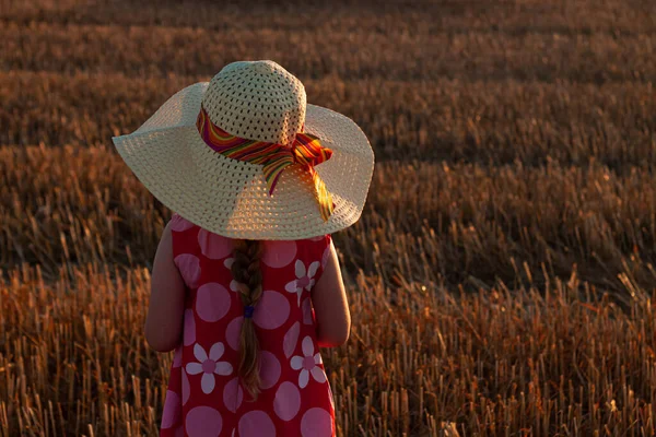 Adorable Little Girl Straw Hat Pink Summer Dress Spikelets Hand — стоковое фото