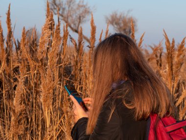 Sırt çantalı, akıllı telefonlu, siyah paltolu güzel bir genç kadın otların üzerinde gün batımı gökyüzü kuru sazlıklar. Bin yıllık uzun saçlı kız yalnız zaman geçiriyor. Mobil aygıtı olan gerçek insanlar dışarıda yaşıyor..