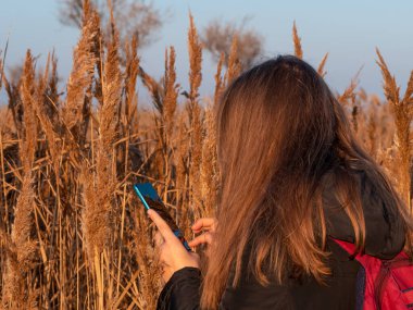 Sırt çantalı, akıllı telefonlu, siyah paltolu güzel bir genç kadın otların üzerinde gün batımı gökyüzü kuru sazlıklar. Bin yıllık uzun saçlı kız yalnız zaman geçiriyor. Mobil aygıtı olan gerçek insanlar dışarıda yaşıyor..