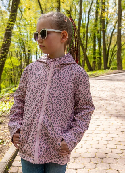 Portrait Unhappy Blonde Girl Outdoor Spring Time Child Serious Sad — стоковое фото