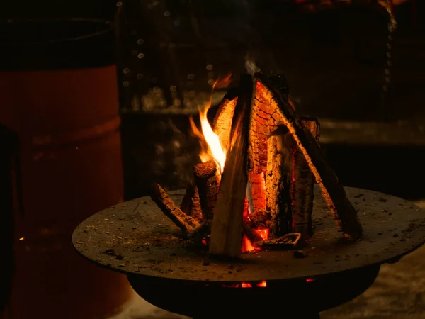 Burning Firewood Restaurant Red Orange Flame Wood Stove Dark Cozy — Stock Photo, Image