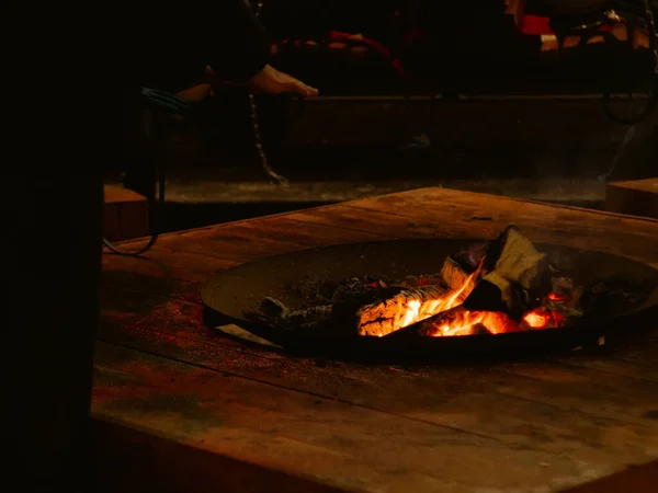 Burning Firewood Restaurant Red Orange Flame Wood Stove Dark Cozy — Stock Photo, Image