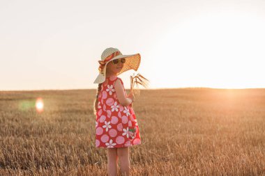 Hasır şapkalı çocuk buğday tarlasında elbise giyiyor. Gün batımında kırsal alanda güneş gözlüklü gülümseyen bir çocuk. Aile tarımı tarım çevre ekolojisi kavramı. Cottagecore tarzı estetik.