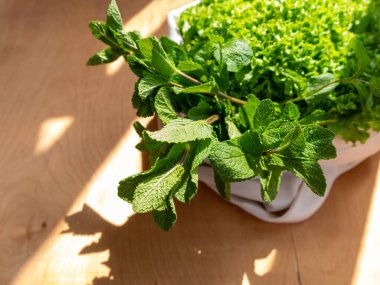 Taze marul salatası, nane şekeri, ekolojik alışveriş torbası manzarası. Sürdürülebilir Yaşayan Dükkan yerel konsepti. Yeşil yapraklı sebze teslimatı. Sıfır atık plastik konsepti. Sağlıklı vejetaryen gıdası.