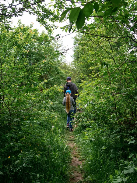 Family walking with dogs on green grass rural landscape. Countryside cottagecore style. Camping activity spring forest. Candid authentic people father and daughter with pets from behind hiking outdoor