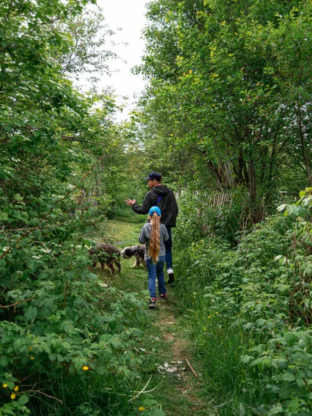 Family walking with dogs on green grass rural landscape. Countryside cottagecore style. Camping activity spring forest. Candid authentic people father and daughter with pets from behind hiking outdoor