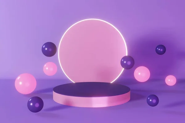 Purple Neon Cylinder Podium Stage Render Glowing Pedestal Design Composition — Stockfoto
