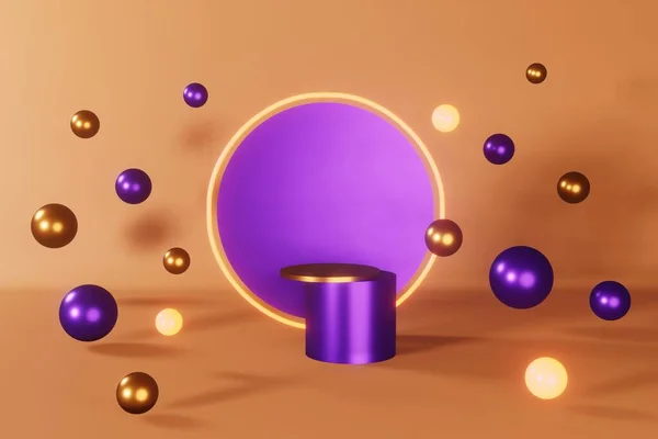 Purple Neon Cylinder Podium Golden Stage Render Glowing Pedestal Design — ストック写真