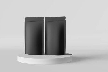 Siyah keseli çantalar matte podyum beyaz arka plan 3D görüntüleme. Ticari ürün ambalaj tasarımı. Kahve çekirdeği ile boş folyo paketi. Çay, yiyecek, kese, ürün, dükkan teslimatı tanıtımı.
