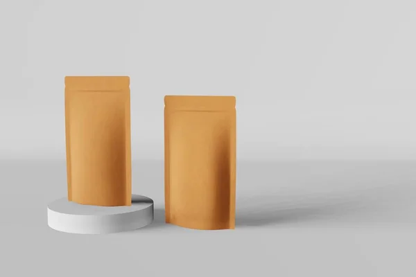 Бумажные Пакеты Макет Матовый Подиум Белый Фон Рендеринг Дизайн Упаковки — стоковое фото
