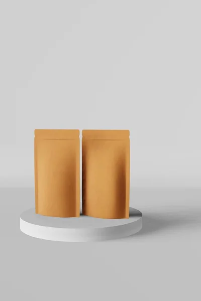 Paper Pouch Bags Mockup Matte Podium White Background Render Merchandise — 图库照片