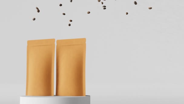 Paper Pouch Bags Mockup Falling Coffee Beans Matte Podium White — Video Stock