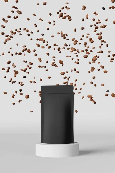 Black Coffee Bag Mockup Falling Beans Matte Podium White Background — 图库照片