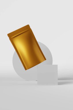 Altın metalik çanta, markalaştırma, beyaz arka plan 3D görüntüleme. Ticari ürün ambalajlama geometrik tasarım Boş folyo kahve tohumu besin ürün şablonu.