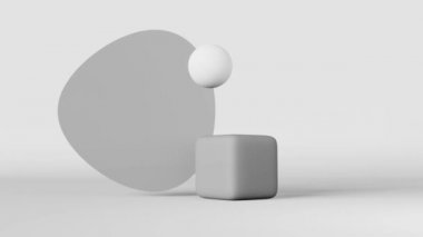 White sphere cilynder gray cube zero gravity abstract monochrome shapes 3D animation seamless loop. Geometry minimal style futuristic creative design.Blank modern rotating levitating geometric figures