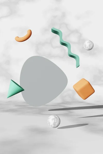 Marble sphere gray cilynder terracotta cube turquoise wave cone zero gravity abstract shapes 3D rendering. Geometry minimal style futuristic creative design Creative modern levitating geometric figure