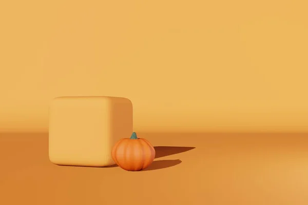 Fall Creative Concept Pumpkin Podium Scene Render Halloween Thanksgiving Seasonal — Stock Photo, Image