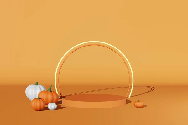 Fall Creative Concept Pumpkin Matte Podium Scene Rendering Halloween Thanksgiving — ストック写真