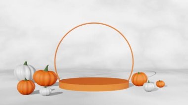 Fall creative concept pink white pumpkins marble podium scene 3D animation. Halloween Thanksgiving seasonal sale design. Product promotion showcase. Autumn art presentation. Modern holiday decorations