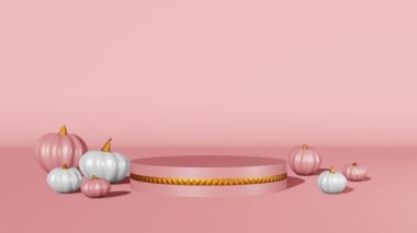 Fall creative concept pink white pumpkins marble podium scene 3D animation. Halloween Thanksgiving seasonal sale design. Product promotion showcase. Autumn art presentation. Modern holiday decorations