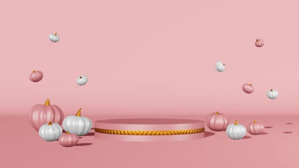 Fall Creative Concept Pink White Pumpkins Marble Podium Scene Animation — Stockvideo