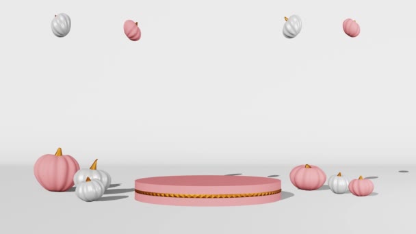 Fall Creative Concept Pink White Pumpkins Marble Podium Scene Animation — Wideo stockowe