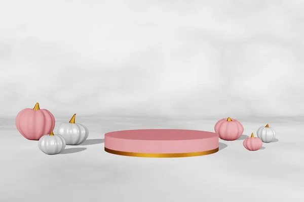 Осенью Творческая Концепция Розово Белого Мрамора Тыквы Сцены Подиума Рендеринга — стоковое фото