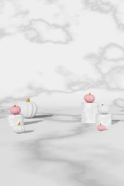 Fall Creative Concept Pink White Pumpkins Marble Podium Scene Rendering — Foto Stock