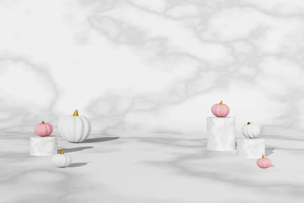 Fall Creative Concept Pink White Pumpkins Marble Podium Scene Rendering — Fotografia de Stock