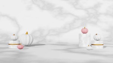 Fall creative concept pink white pumpkins marble podium scene 3D animation. Halloween Thanksgiving seasonal sale design. Product promotion showcase. Autumn art presentation. Modern holiday decorations