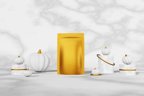 Golden Luxurious Pouch Bag Branding Design Mockup Pumpkin Marble Background — Stok fotoğraf
