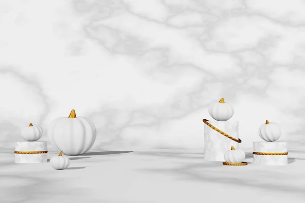 Fall Creative Concept White Pumpkins Marble Podium Golden Rings Scene — Fotografia de Stock