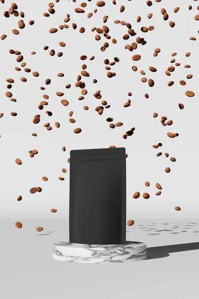 Black Pouch Bag Mockup Falling Coffee Beans Marble Podium White — 图库照片